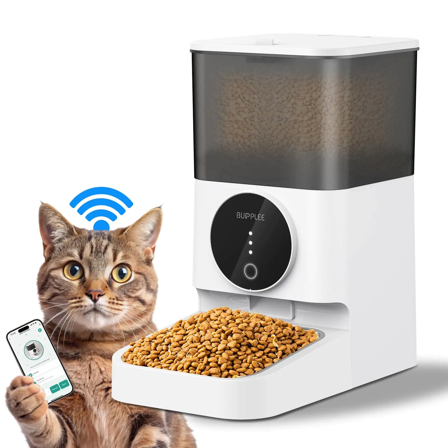 Automatic Cat Feeder 4L Large Capacity Auto Pet Feeder Dry Food Dispenser for Pet Timed Dog Food Feeder Stainless Steel Food Bowl/Dual Power/Anti-Blockage Cat Dog Feeder Indoor Outdoor (White)